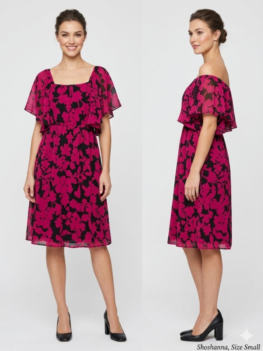 Shoshanna Fuchsia & Black Floral Ruffle Flutter Sleeve Dress - Size Small - Picture 1 of 6